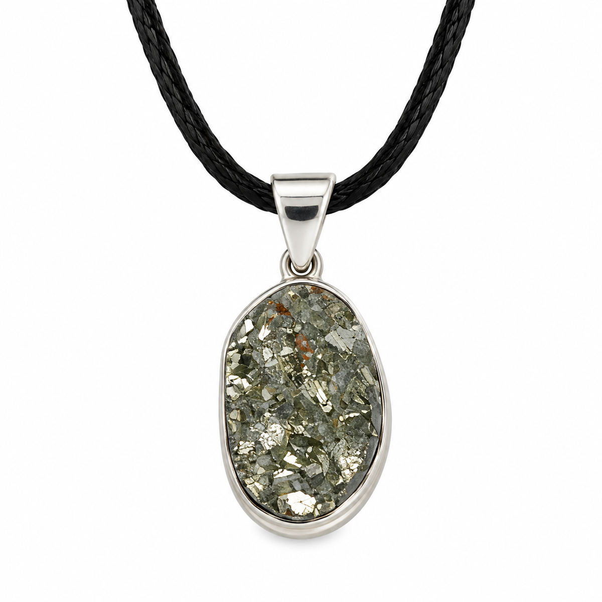 Natural Pyrite Druzy Pendant – Silver Plated Oval Bezel