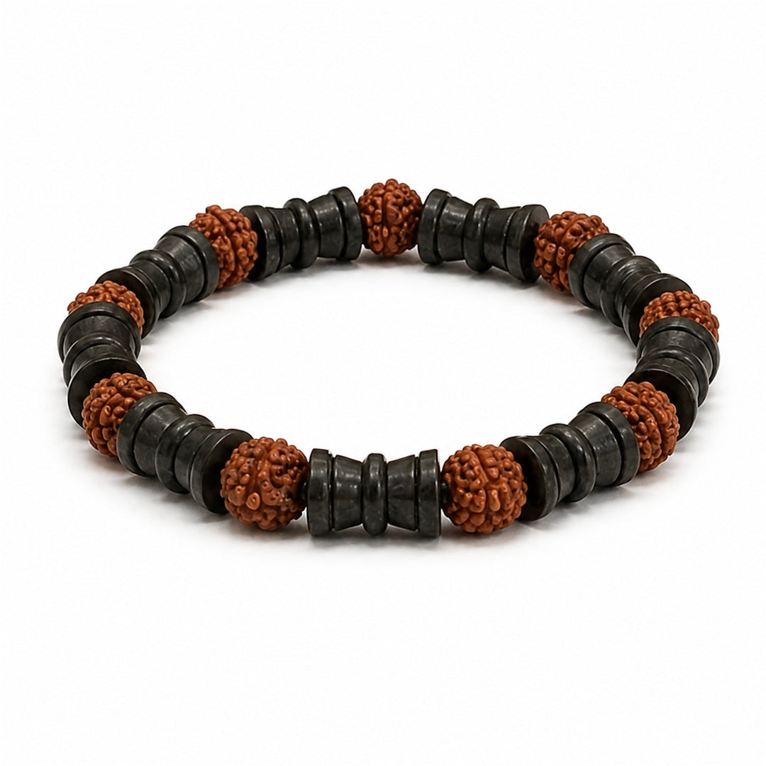 Natural Rudraksha with Black Damru Spacer Beads Bracelet – 8 MM