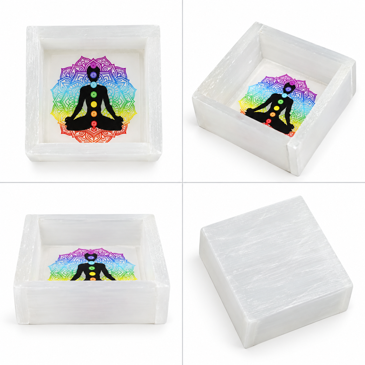 Selenite Square Box – Chakra Mandala Meditator (Big)
