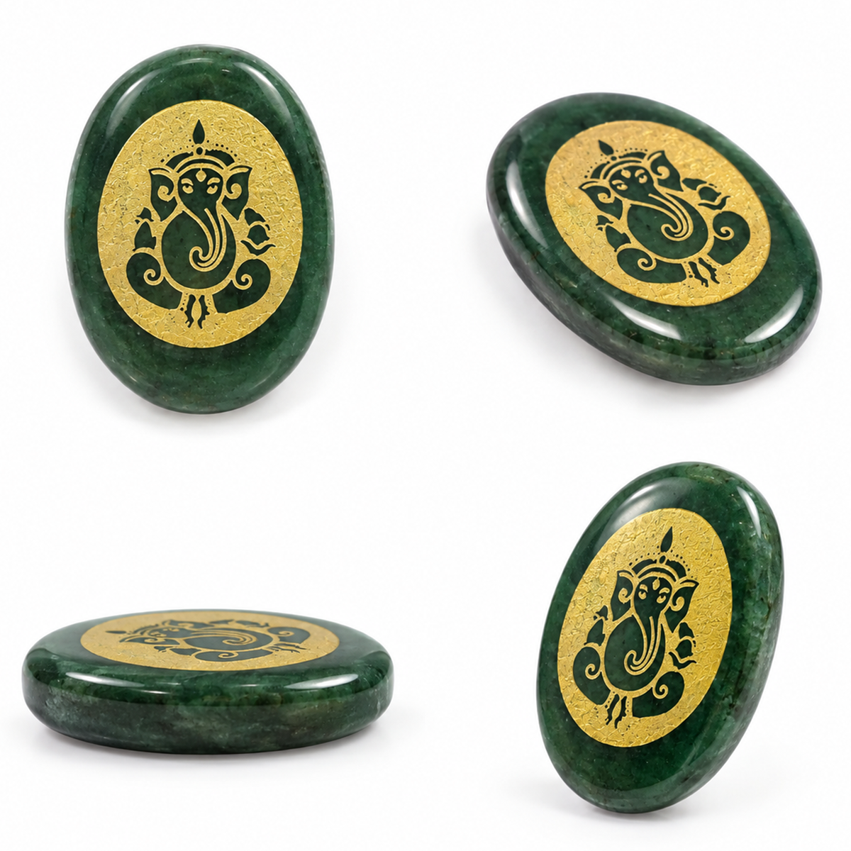 Green Aventurine Oval Pocket Stone – Lord Ganesha Engraving (Mix Coins)