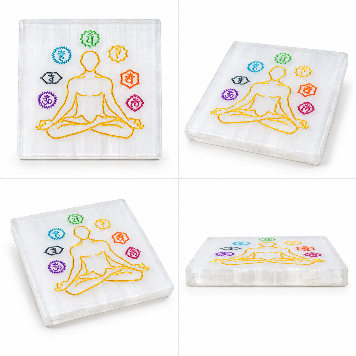 Selenite Square Plate – 7 Chakra Meditating Figure