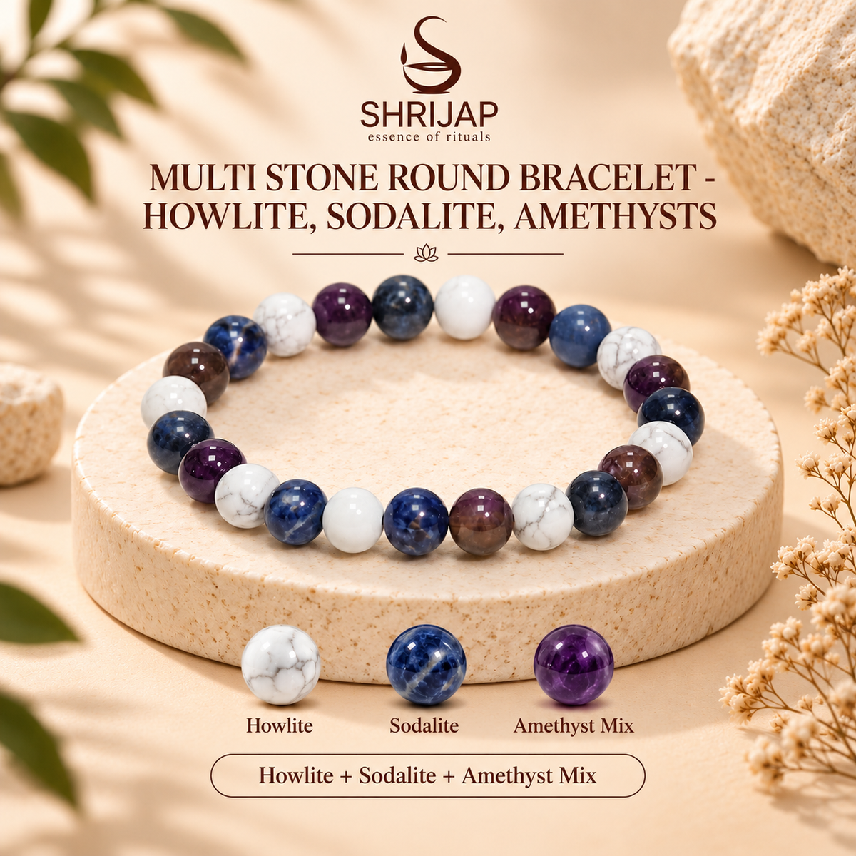 Multi Stone Round Bracelet – Howlite, Sodalite & Amethyst – 8 MM