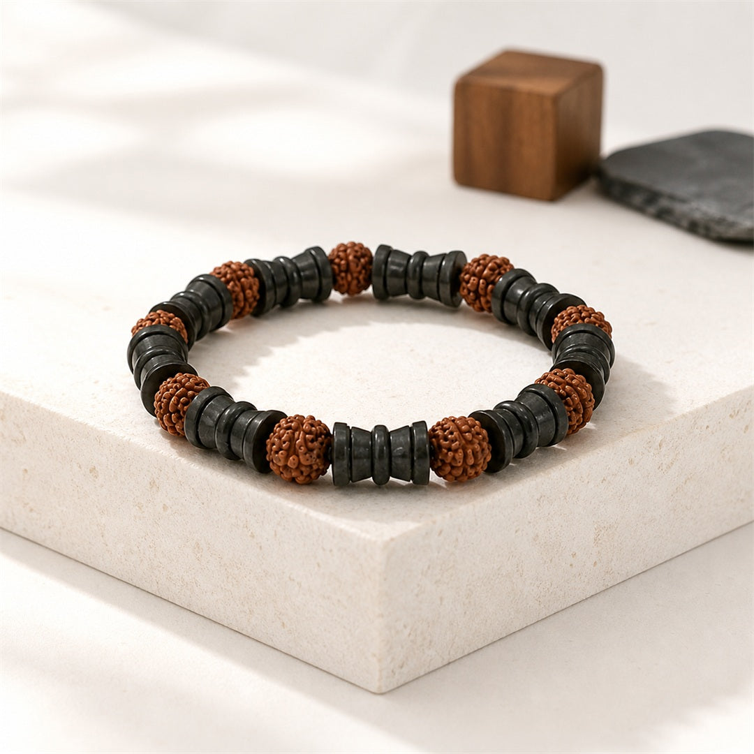 Natural Rudraksha with Black Damru Spacer Beads Bracelet – 8 MM