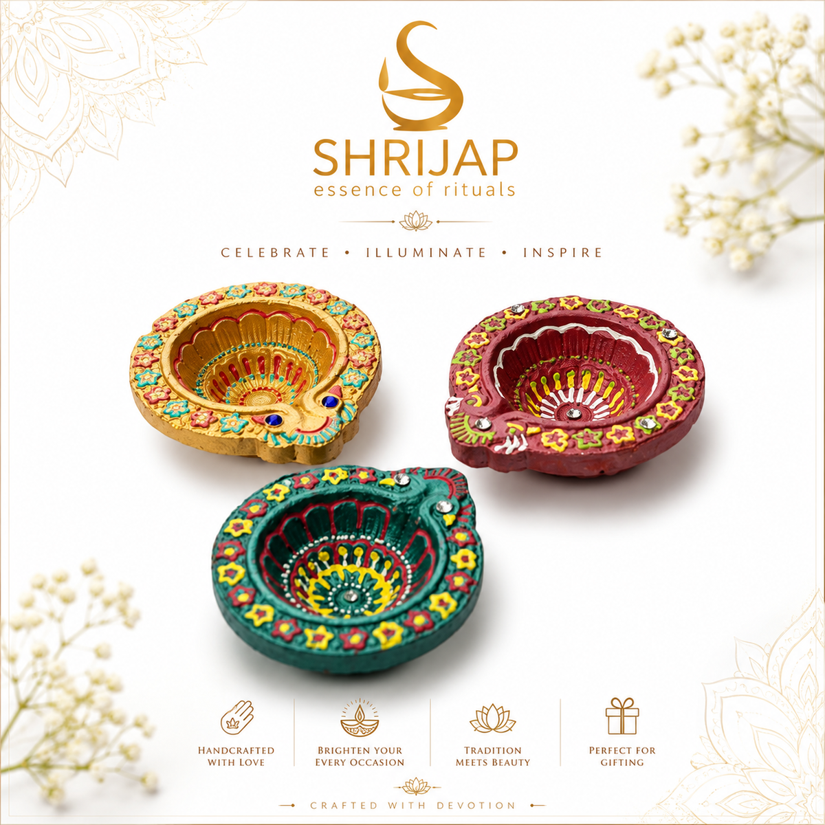 Handpainted Mandala Carved Terracotta Diya – Floral