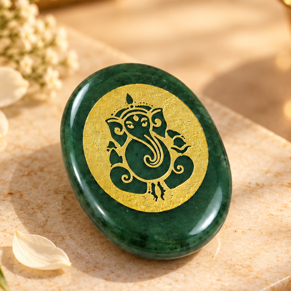 Green Aventurine Oval Pocket Stone – Lord Ganesha Engraving (Mix Coins)