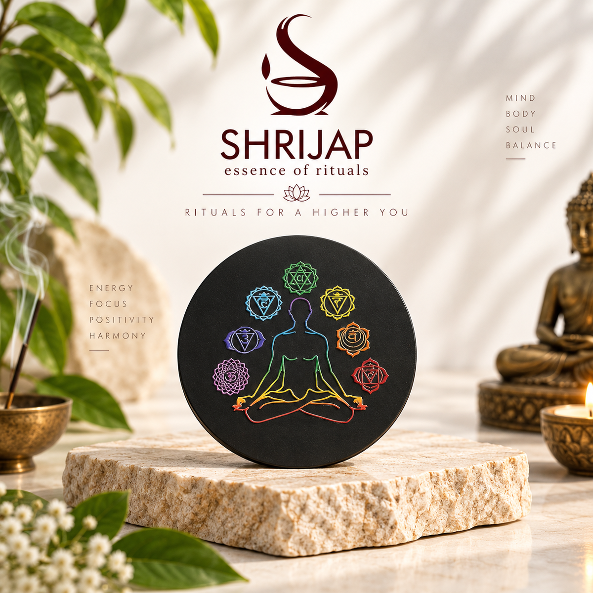 Black Tourmaline 7 Chakra Plate – Meditating Figure Round