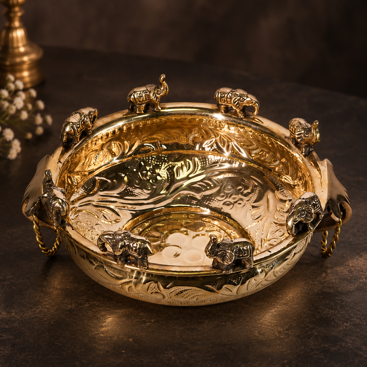 Elephant Embossed Brass Urli Big