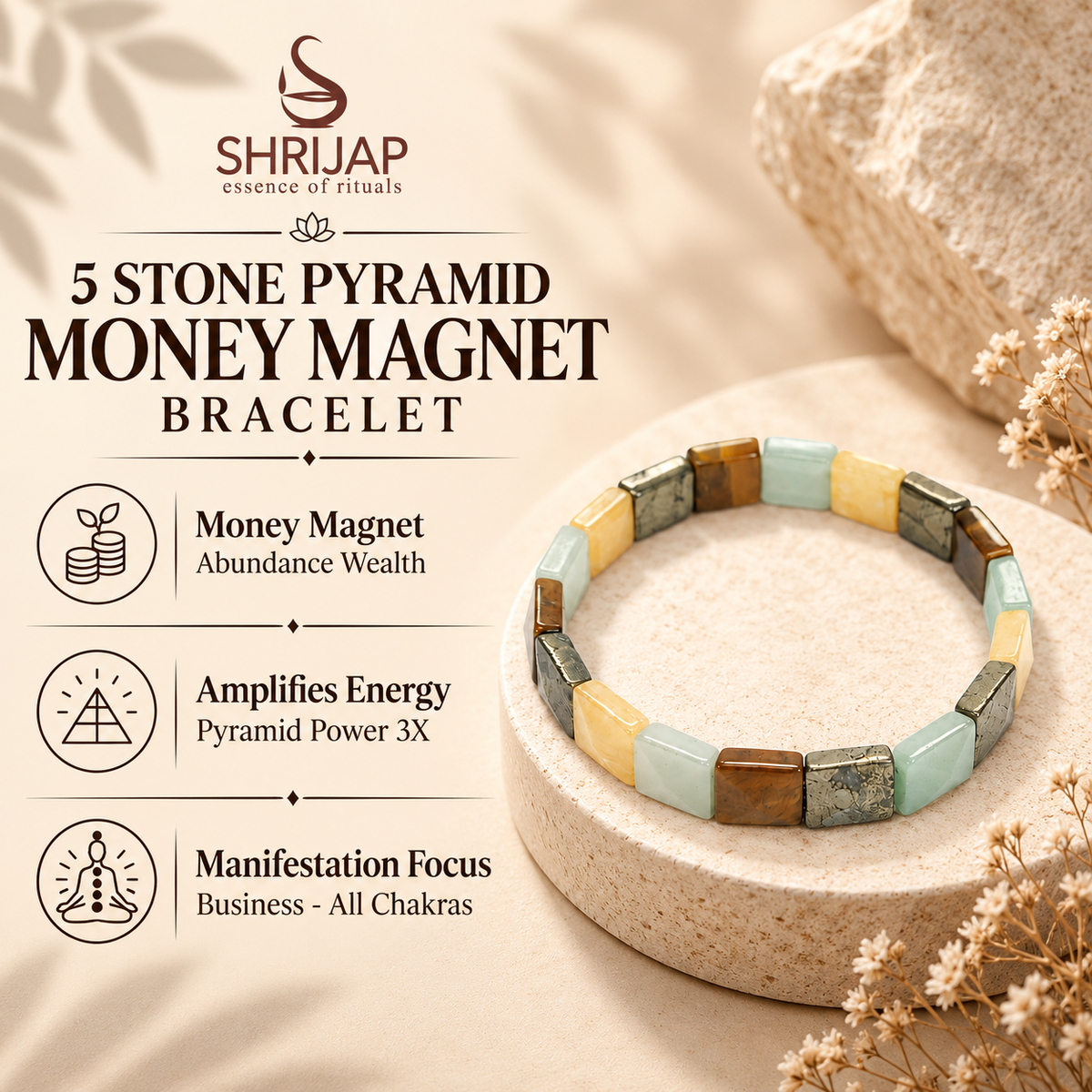 5 Stone Pyramid Money Magnet Bracelet