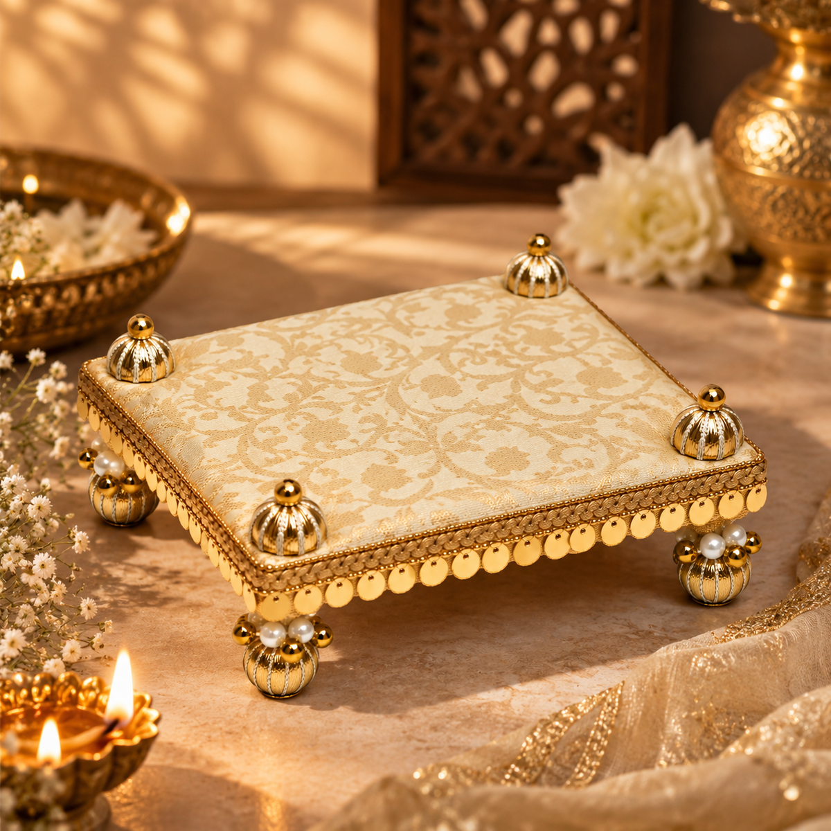 Golden Jari Work Puja Bed – 5x8 Inch