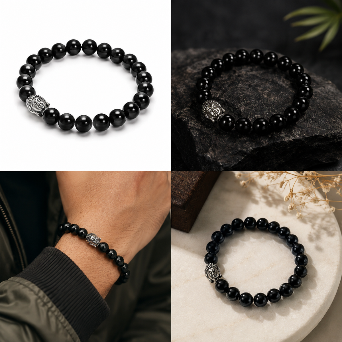 Natural Black Tourmaline Buddha Bracelet – 8 MM