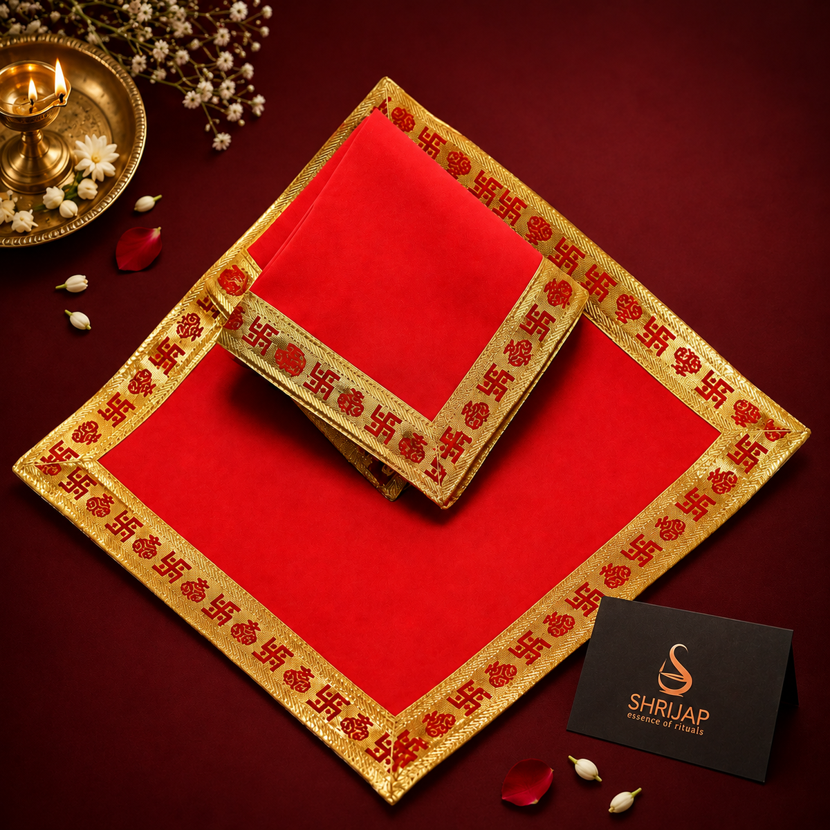 Red Velvet Puja Aasan with Golden Border – 12x12 Inch