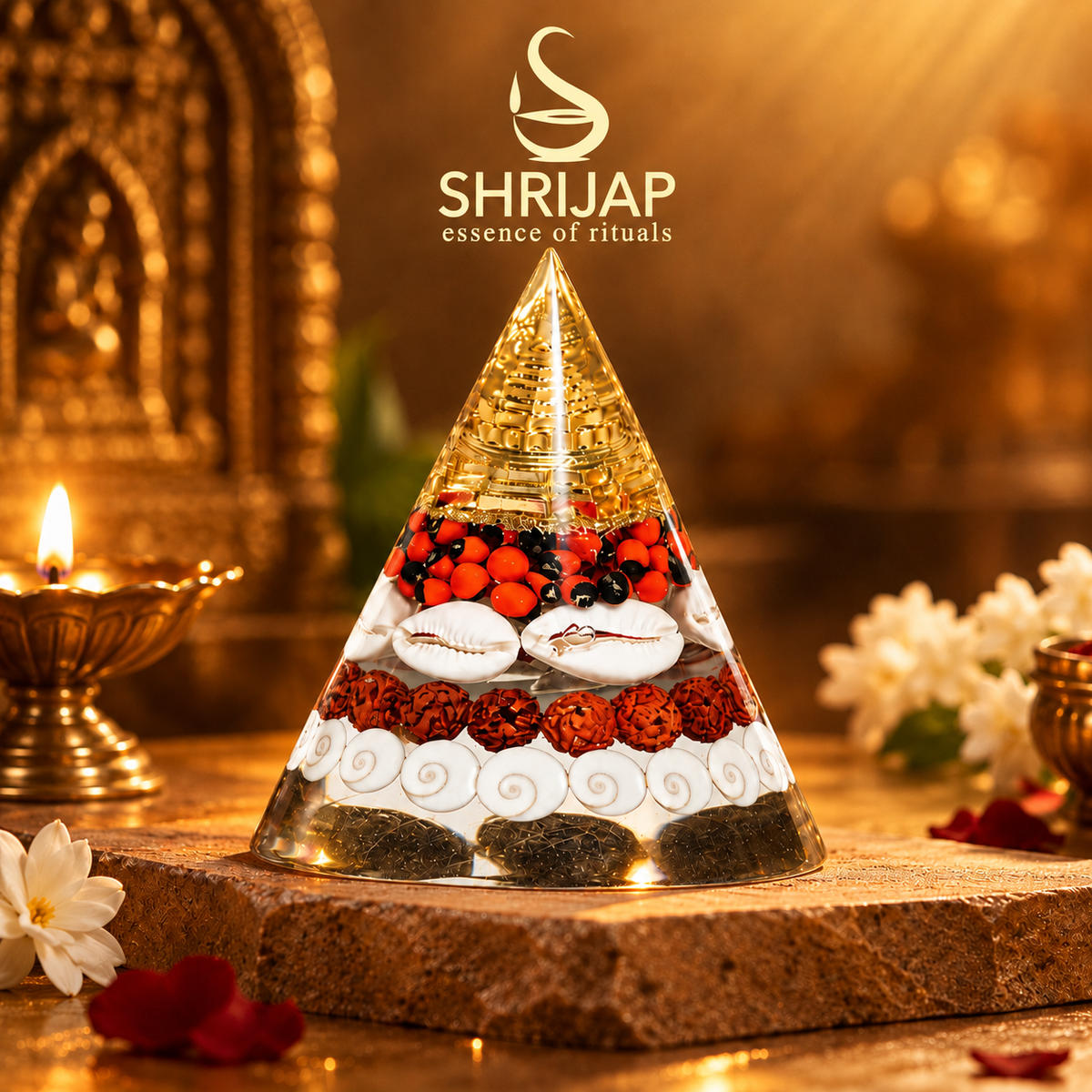 Dhanyog Gold Lakshmi Protection Cone – Gomti Chakra Rudraksha Red Gunja