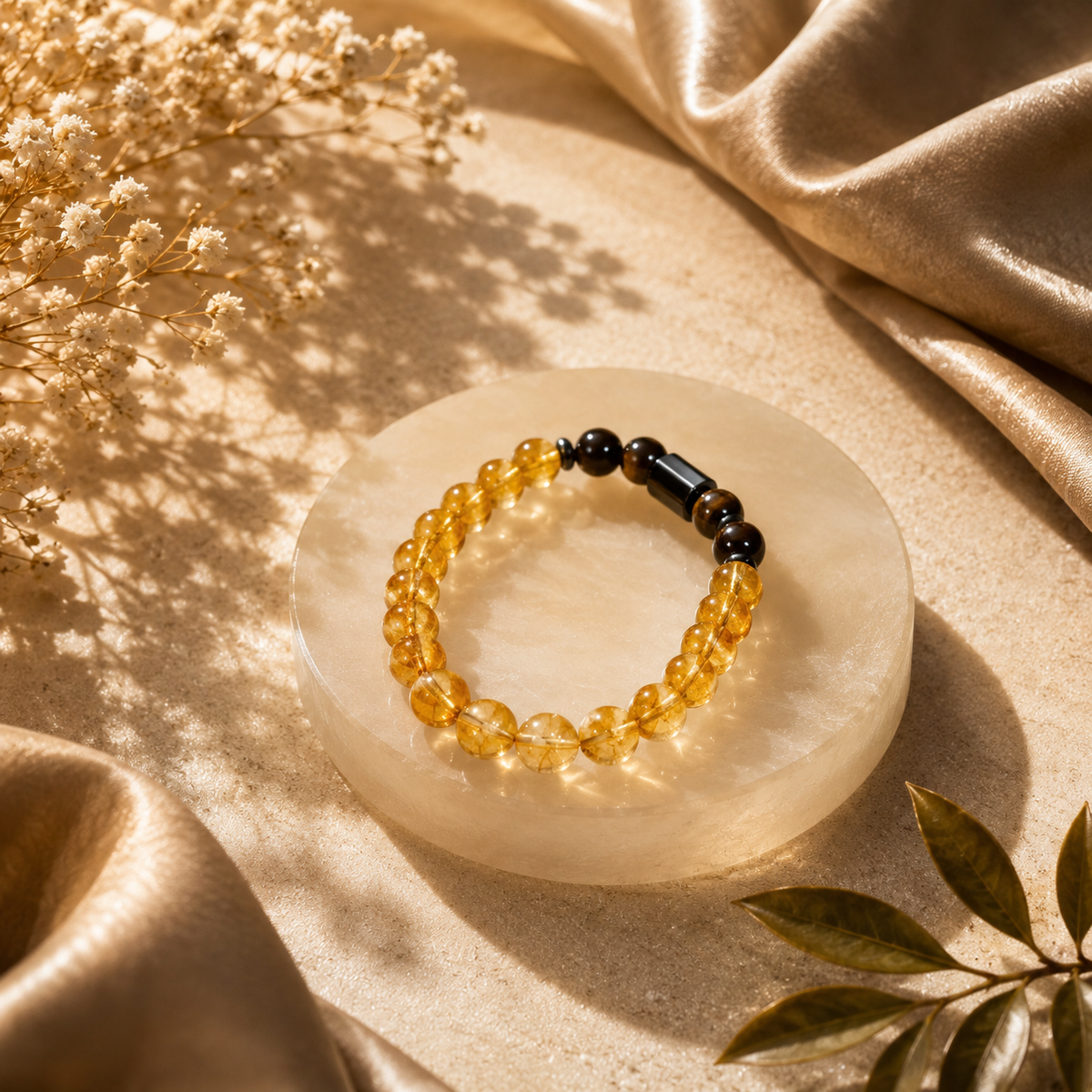 Natural Citrine Tiger Eye Bracelet with Hematite