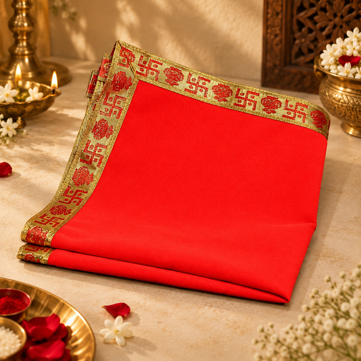Red Velvet Puja Aasan with Golden Border – 20x20 Inch