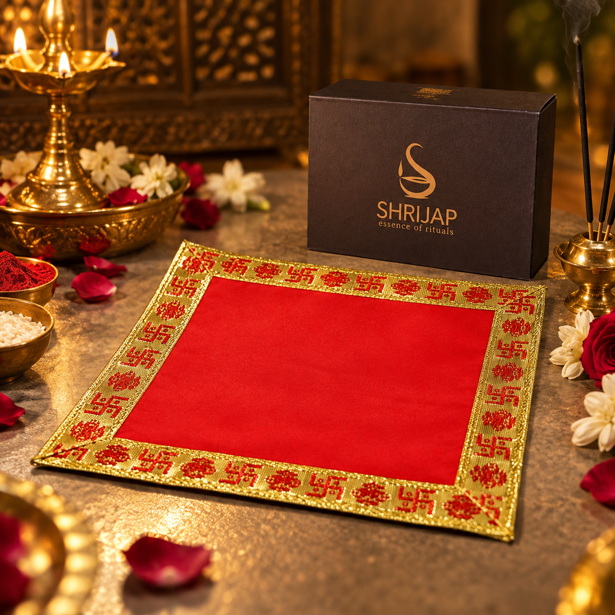 Red Velvet Puja Aasan with Golden Border – 10x10 Inch