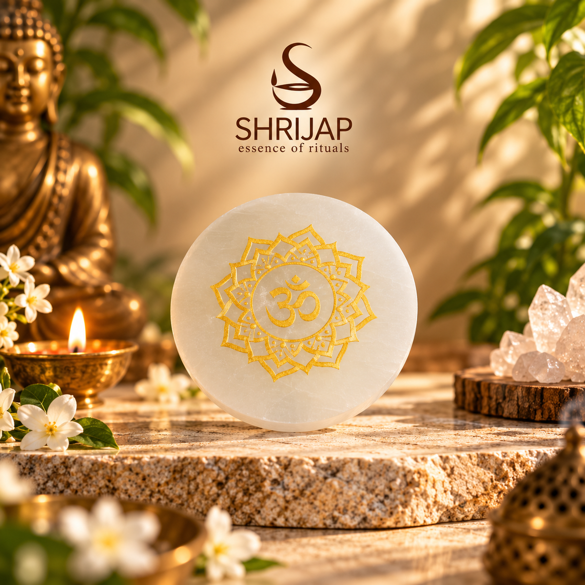 Selenite Round Plate – Golden Om Mandala