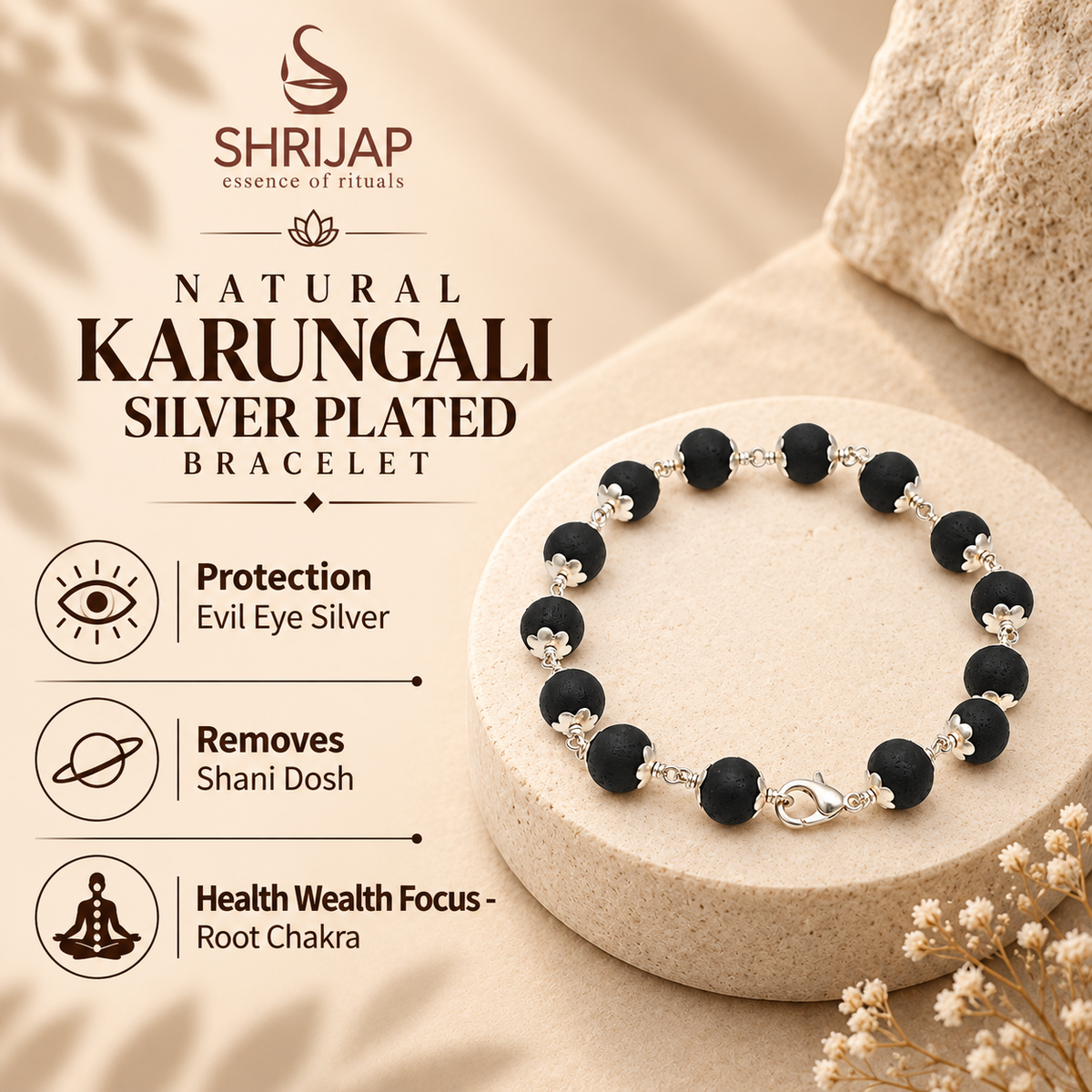 Natural Karungali Silver Plated Bracelet – 8 MM