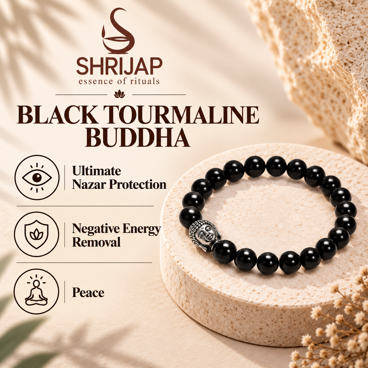 Natural Black Tourmaline Buddha Bracelet – 8 MM