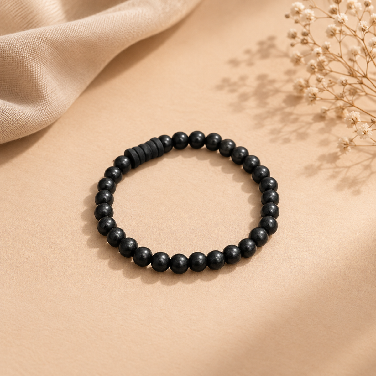 Natural Black Matte Karungali Wood Bracelet with Damru Bead – 6 MM