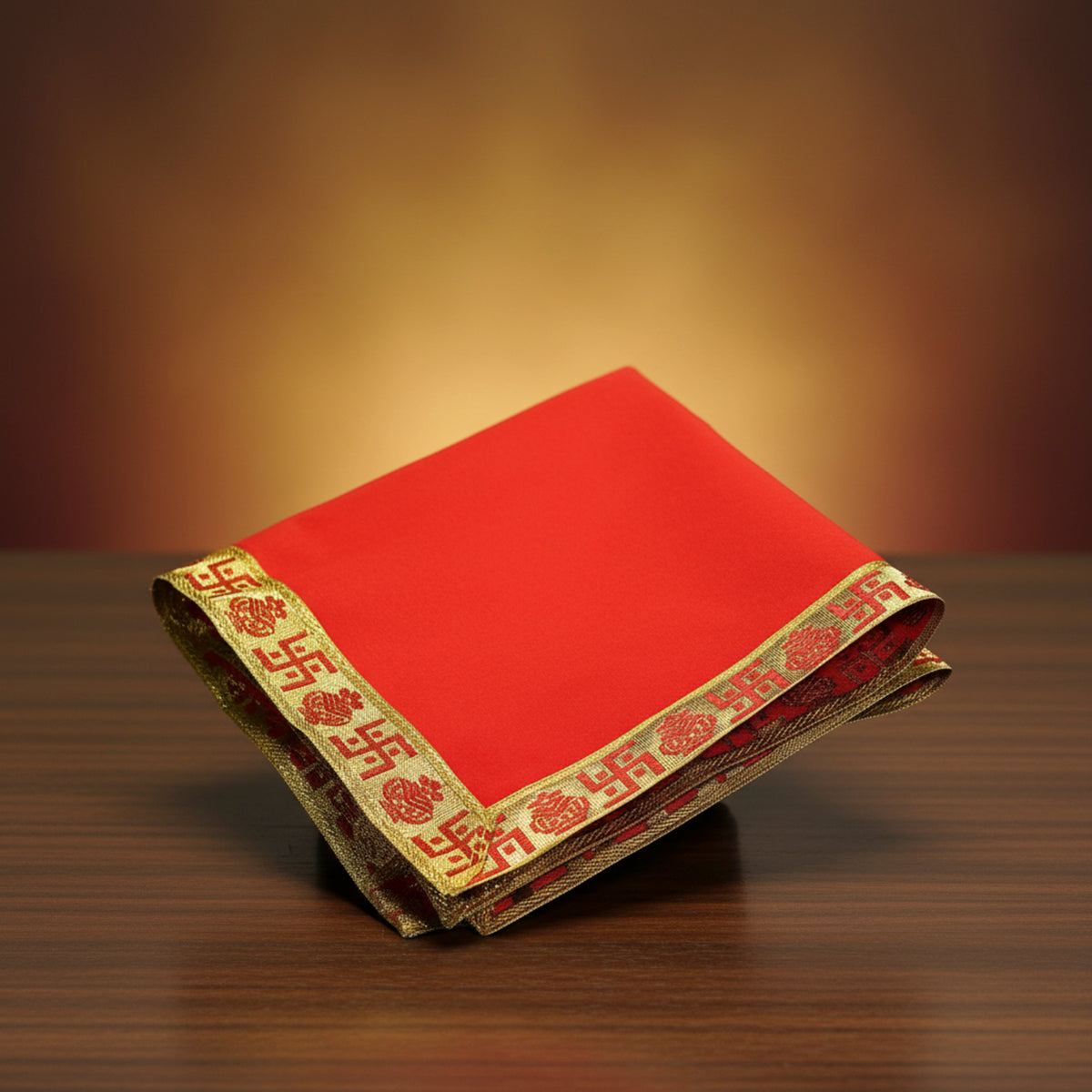 Item Name: Red Velvet Puja Aasan with Golden Border – 16x16 Inch