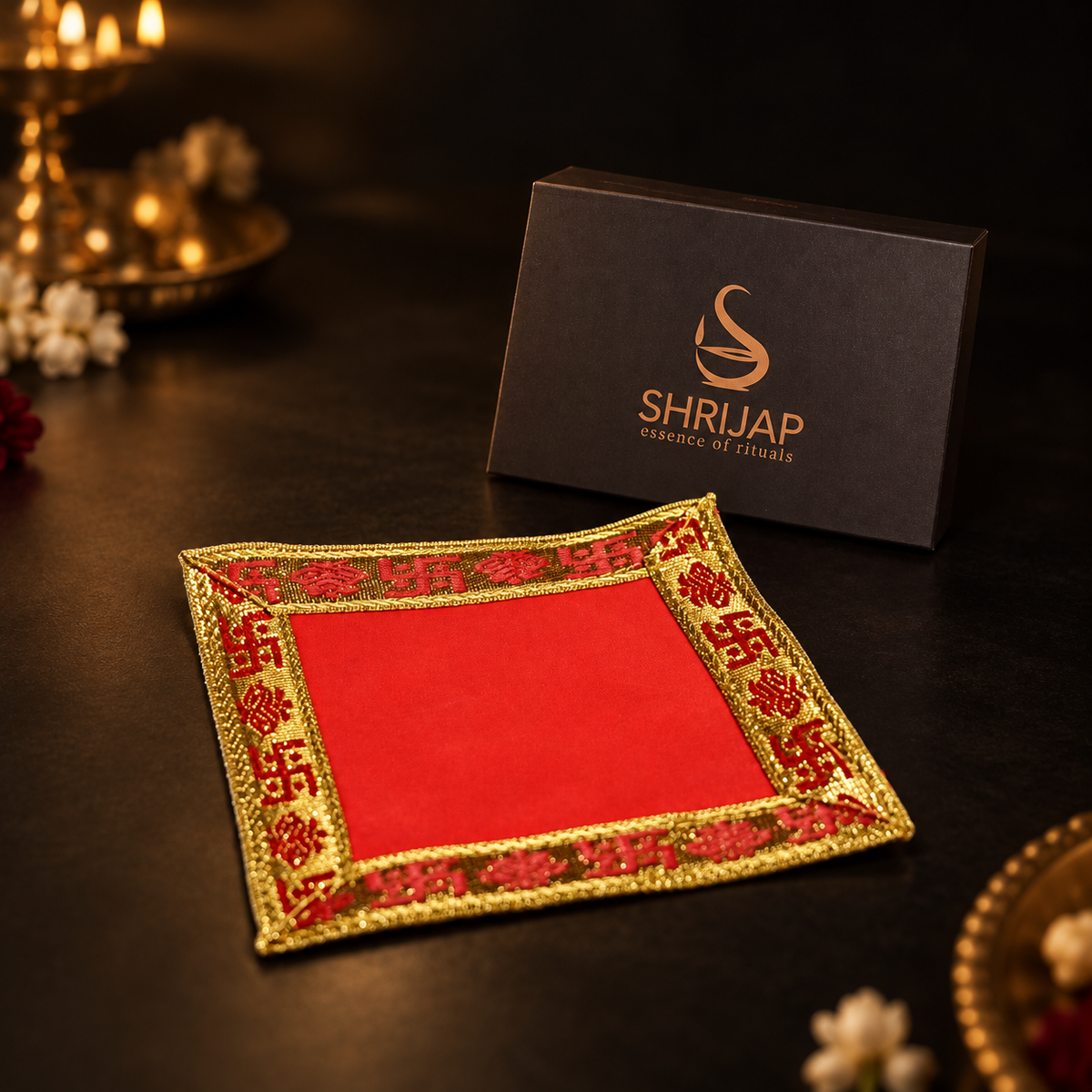 Red Velvet Puja Aasan with Golden Border – 5x5 Inch