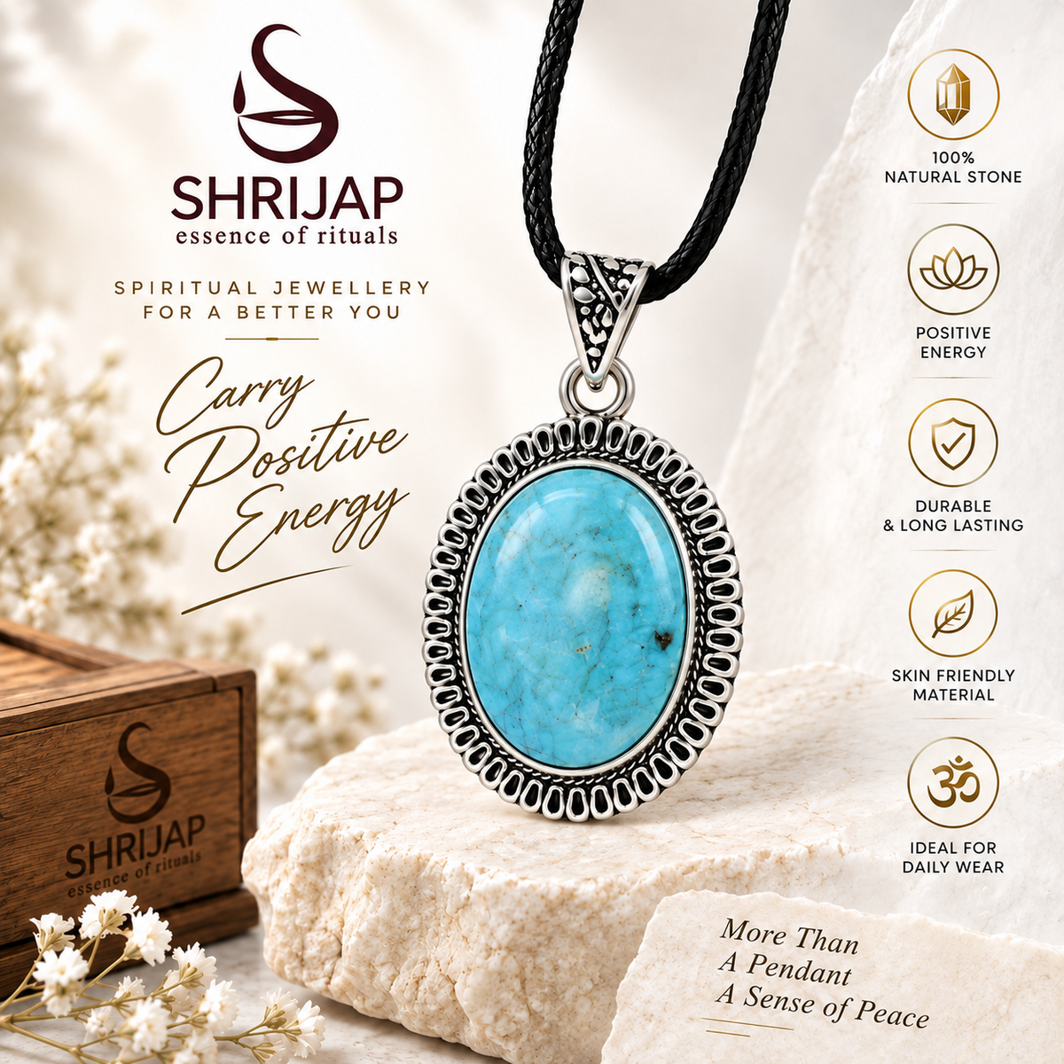 Natural Turquoise Stone Pendant – Silver Plated Vintage Finish