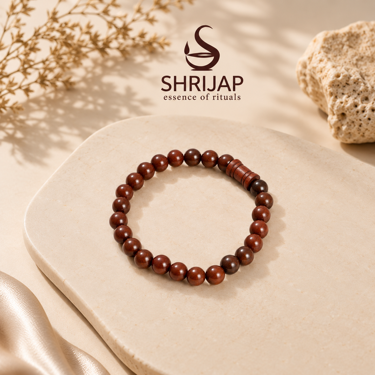 Natural Red Sandalwood Bracelet with Damru – 8 MM