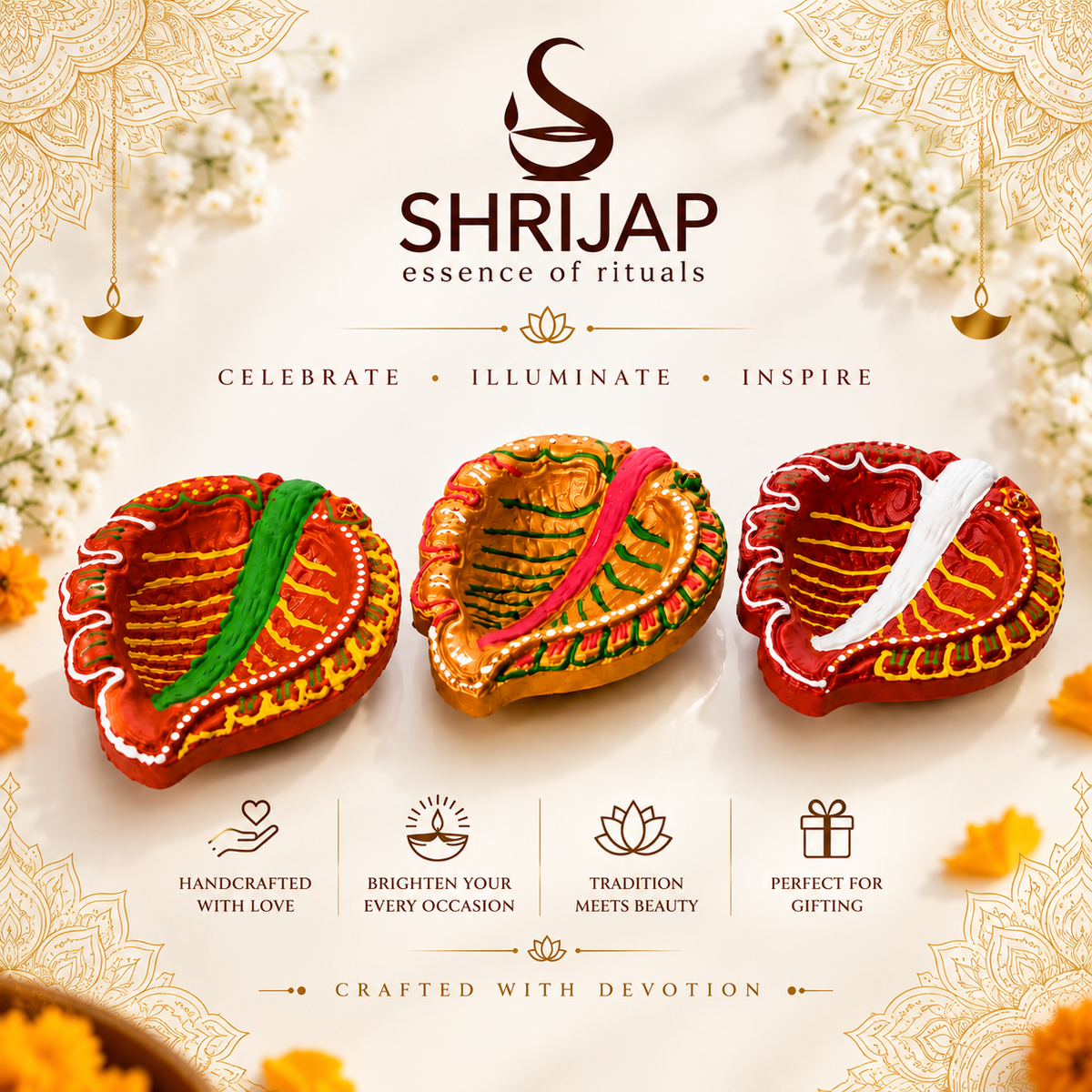 Handpainted Pan Leaf Terracotta Diya – Floral