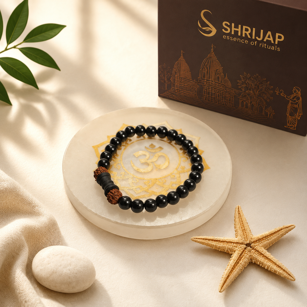 Natural Black Matte Karungali Wood Bracelet with Damru & Rudraksha Bead – 8 MM