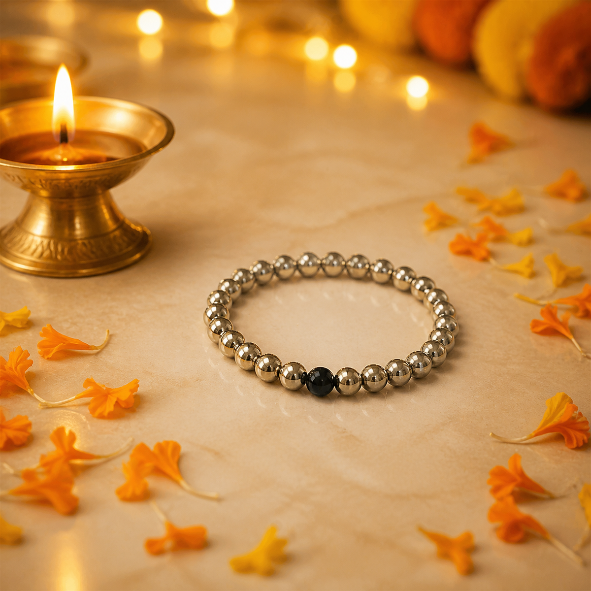 Golden Hematite Bracelet with Black Obsidian Accent – 8 MM
