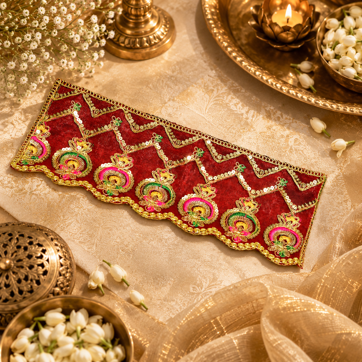 Royal Red Golden Jari Embroidered Chunri – 6x15 Inch
