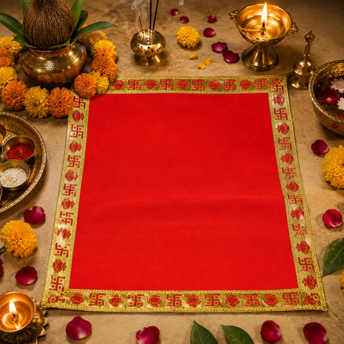 Red Velvet Puja Aasan with Golden Border – 15x15 Inch