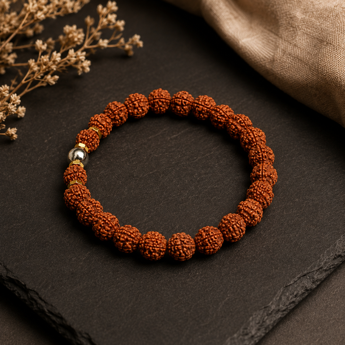 Natural 5 Mukhi Rudraksha Pyrite Guru Bead Bracelet – 8 MM