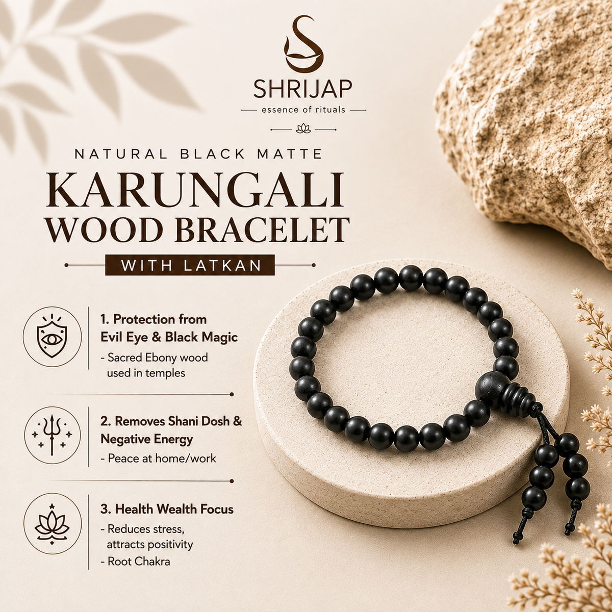 Natural Black Matte Karungali Wood Bracelet with Latkan – 6 MM