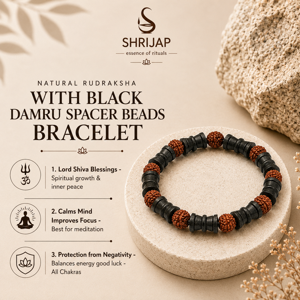 Natural Rudraksha with Black Damru Spacer Beads Bracelet – 8 MM
