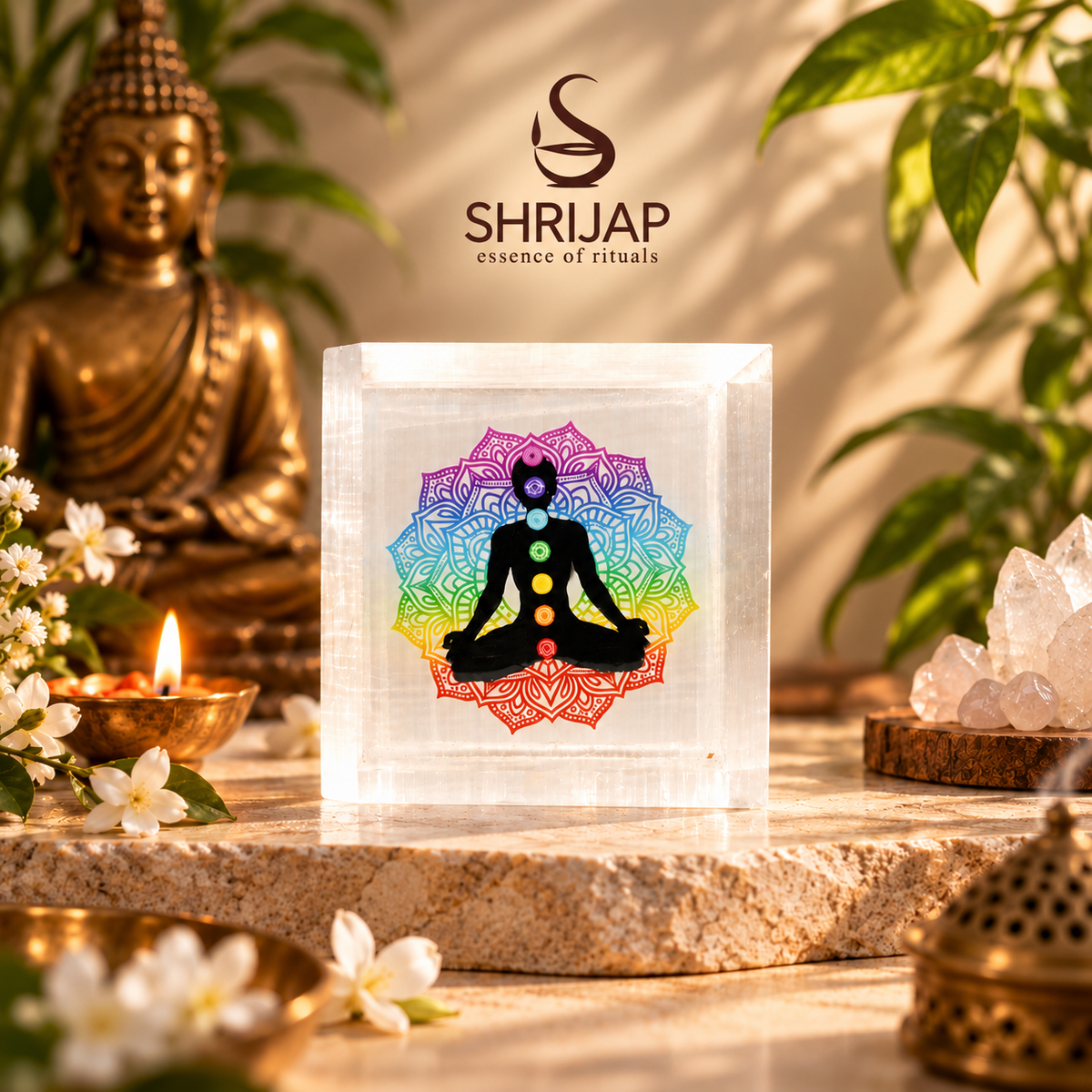 Selenite Square Box – Chakra Mandala Meditator (Big)