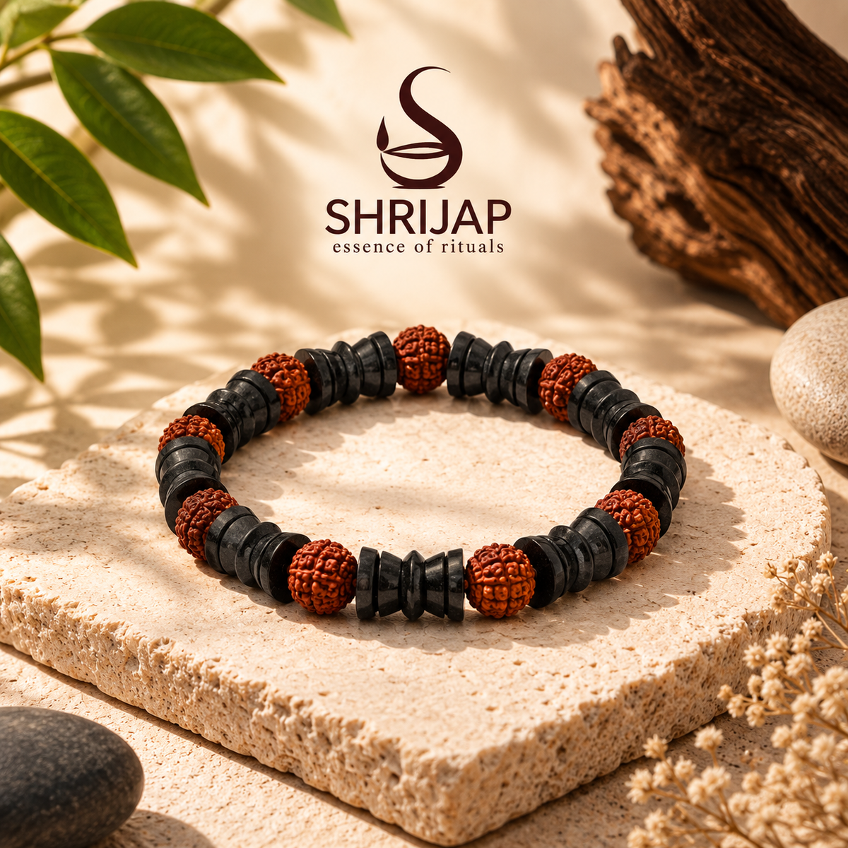 Natural Rudraksha with Black Damru Spacer Beads Bracelet – 8 MM