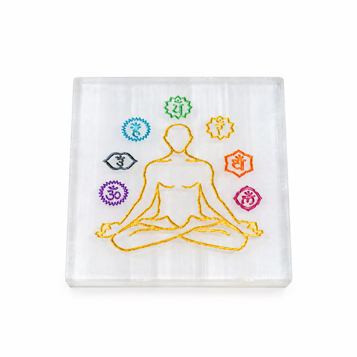 Selenite Square Plate – 7 Chakra Meditating Figure