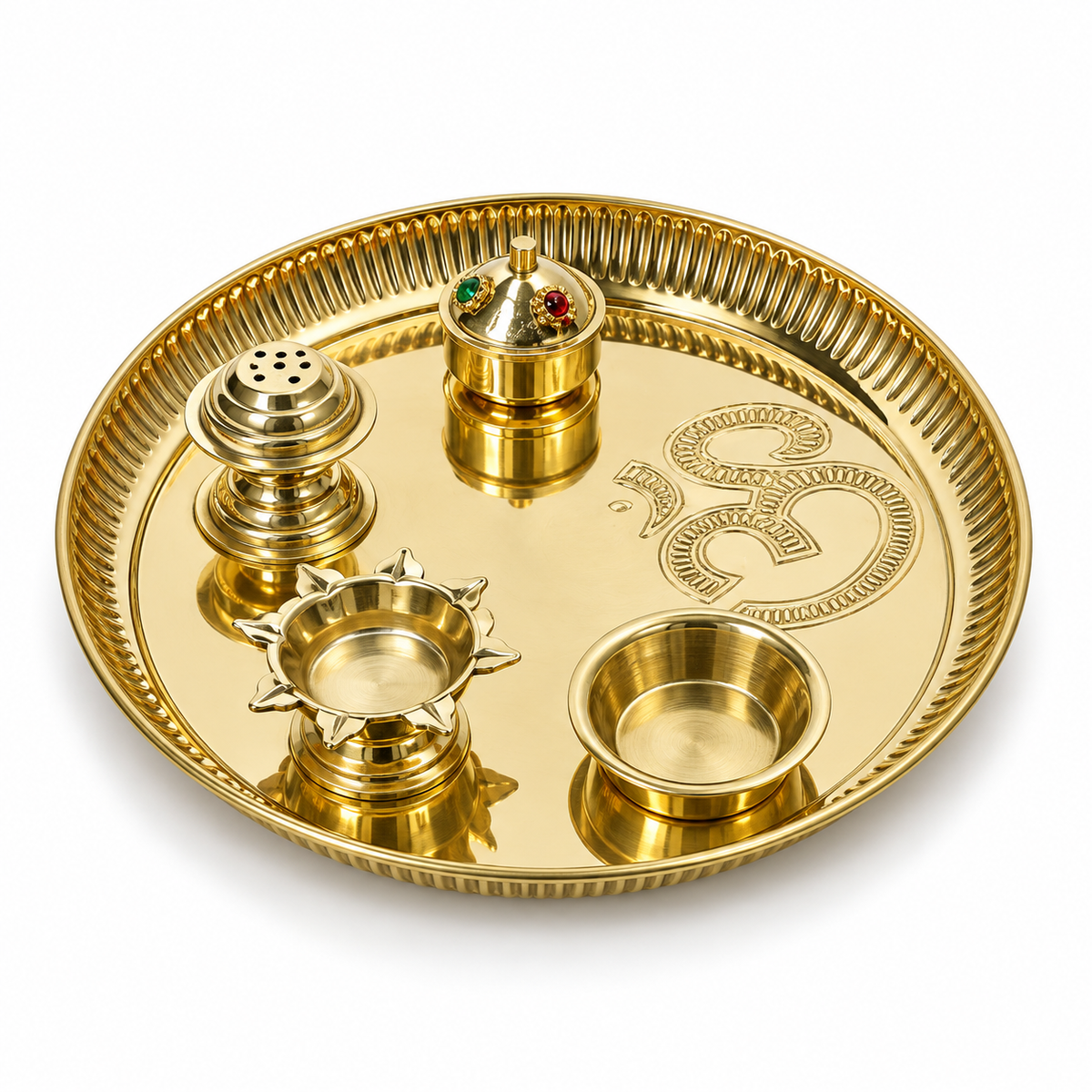 Om Engraved Pooja Thali With 5 Items