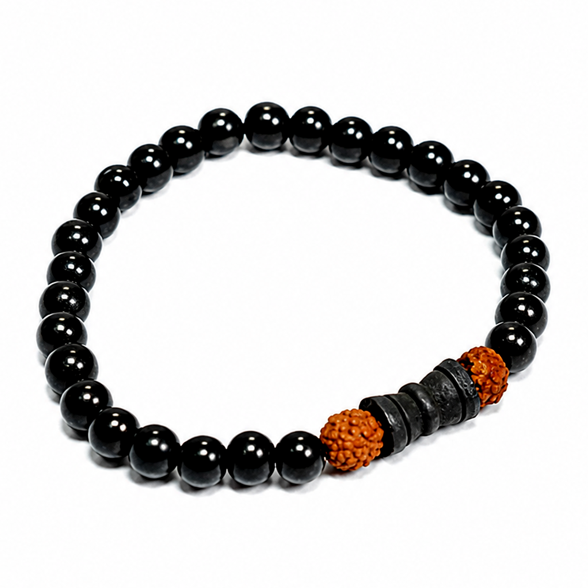 Natural Black Matte Karungali Wood Bracelet with Damru & Rudraksha Bead – 8 MM