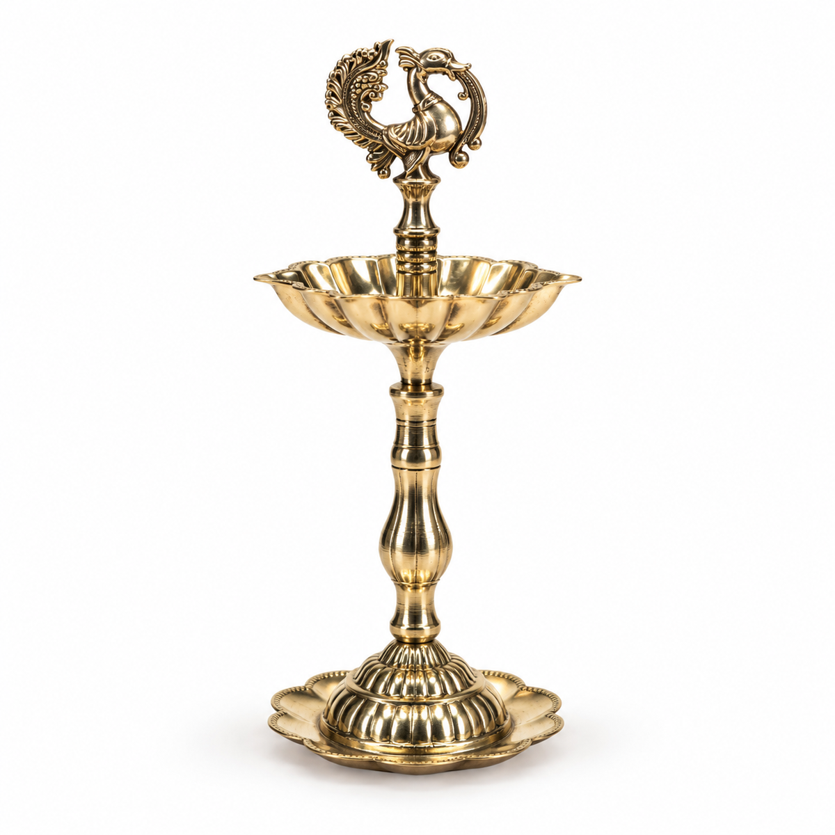 7 Inch Brass Peacock Lotus Diya On Stand