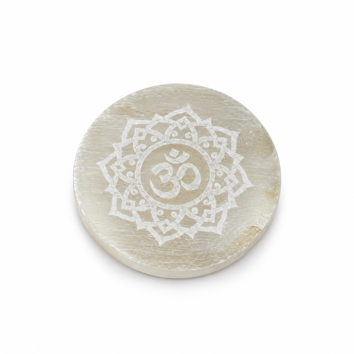 Selenite Round Plate – White Engraved Om Mandala
