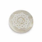 Selenite Round Plate – White Engraved Om Mandala