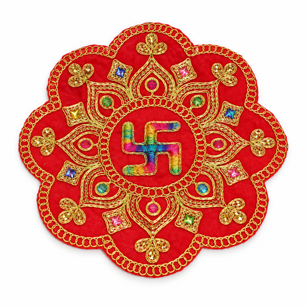 Velvet Swastik Puja Aasan with Jari Work – 7x7 Inch
