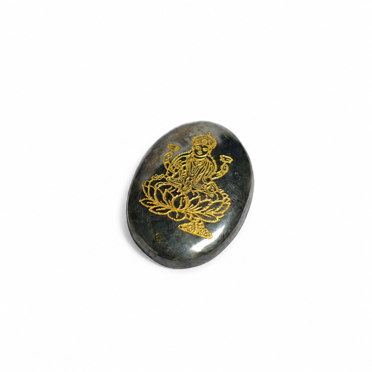 Pyrite Oval Pocket Stone – Maa Lakshmi Seated on Lotus with Shree Yantra Engraving