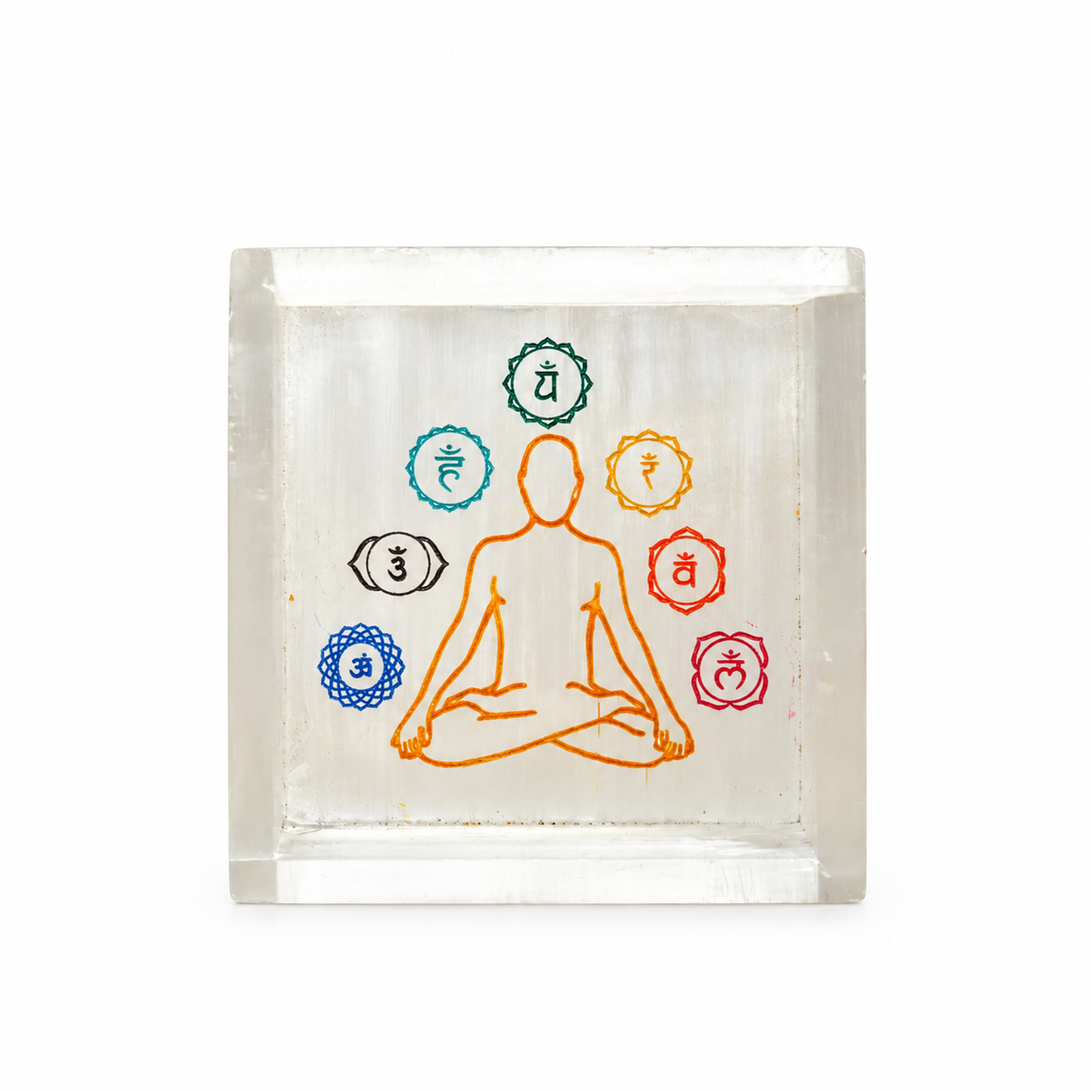Selenite Square Box – 7 Chakra Symbol with Meditating Figure (Small)