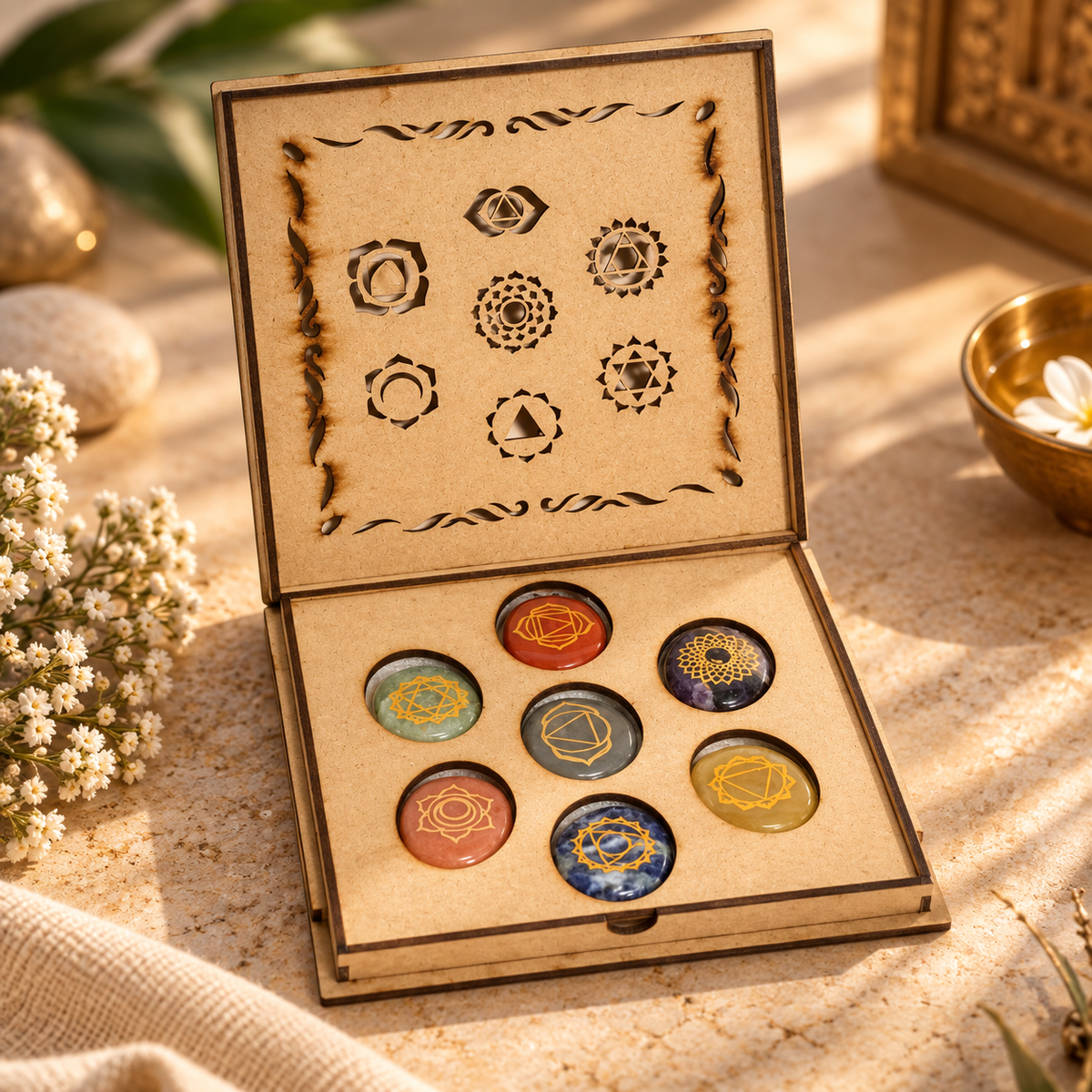 7 Chakra Healing Crystal Set with Engraved Wooden Box (Set of 1 Pc Box – 7 Stones)
