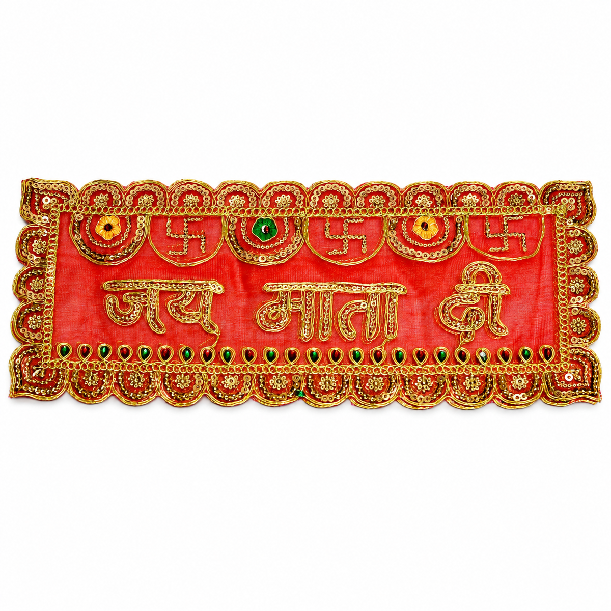 Royal Red Jai Mata Di Jari Embroidered with Swastik Work – 6x15 Inch