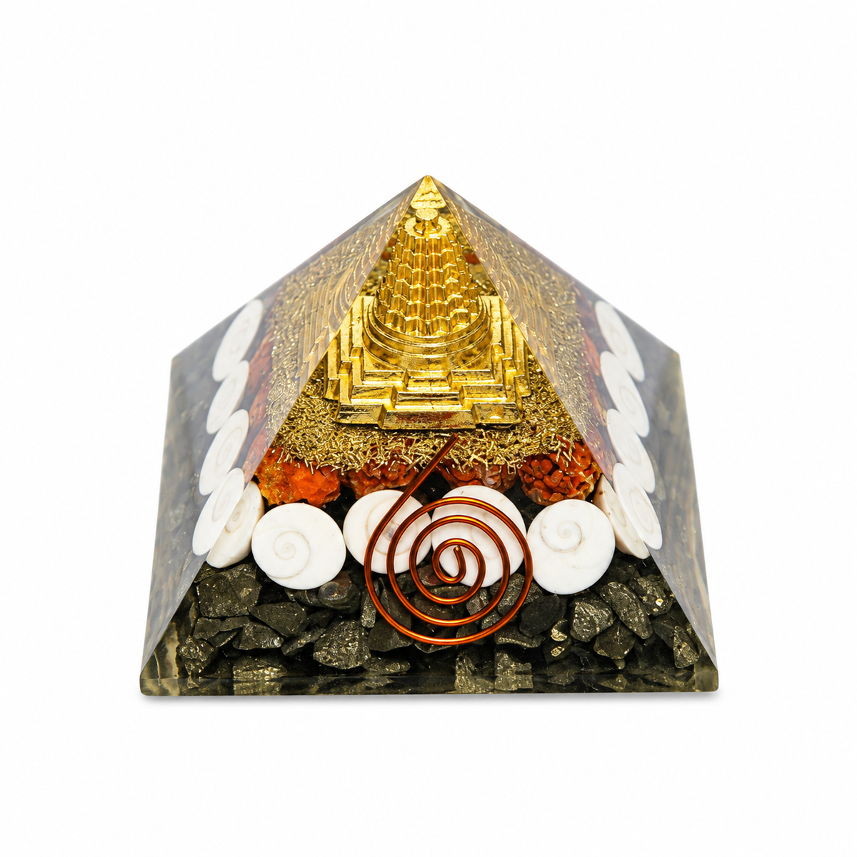 Dhanyog Wealth Pyramid with Copper Coil – Gomti Chakra Pyrite Shree Yantra