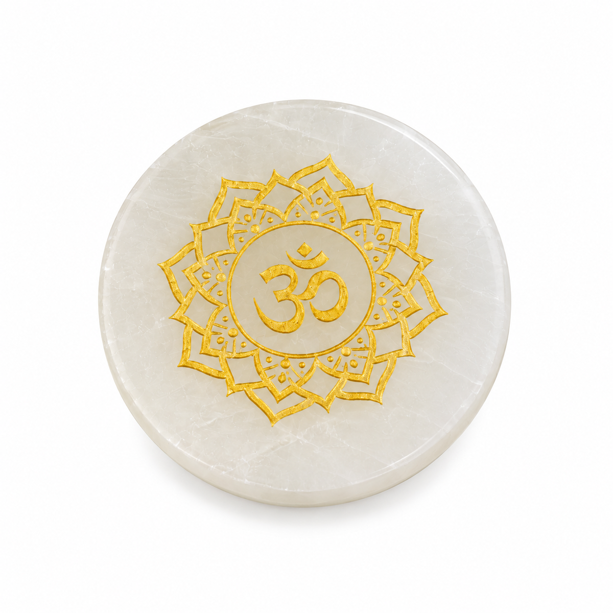 Selenite Round Plate – Golden Om Mandala